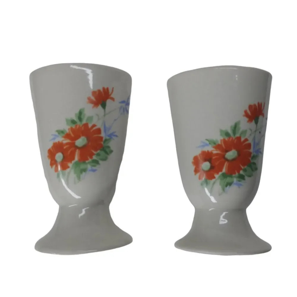 Vintage Stone Pottery Cups, Floral, Set of 2